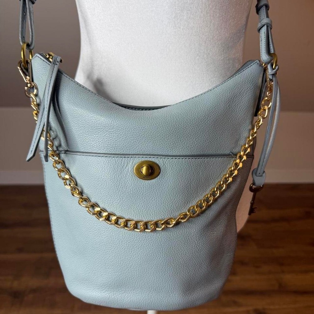 Fossil Blue Tallula Leather Hobo Crossbody Bag with Gold Chain & Key Charm